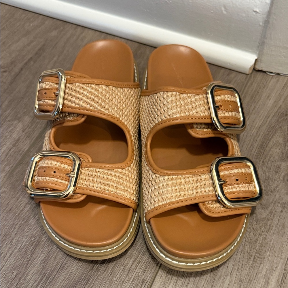 Target Tan and Brown Sandals with Gold Buckles